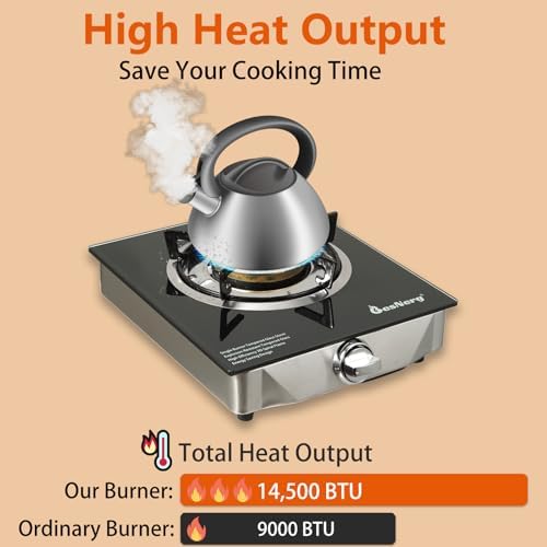 1 Burner Propane Gas Stove with Auto Ignition, 14500 BTU High-Efficiency Heavy-Duty Tempered Glass Cooktop, CSA Regulator & Hose Included, for Outdoor Camping Emergency