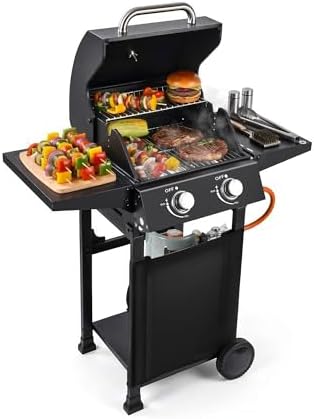 2-Burner Propane Gas Griddle – 16,000 BTU Convertible Flat Top Grill with Hood & Removable Cart – Portable for Camping, Tailgating, Backyard