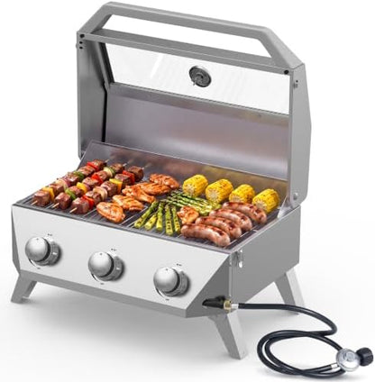 Bestfire 3-Burner Tabletop Propane Gas Grill, 30,000 BTU Portable Propane BBQ Grill with Viewing Glass Lid & Thermometer, Stainless Steel Outdoor Cooking Grill for Camping, RV, Patio and Tailgating