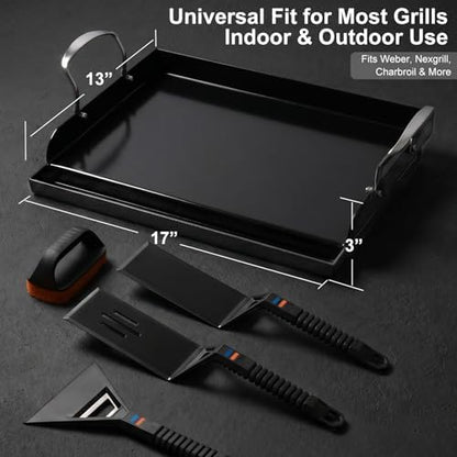 17 x 13 in Pre-seasoned Cast Iron Griddle for Gas Grill, Nano Ceramic Nonstick Flat Top Grill Plate with 5-Piece Tool Kit, Grease Groove, High Sidewalls, Handles, for Charcoal, Stove Top, Camping