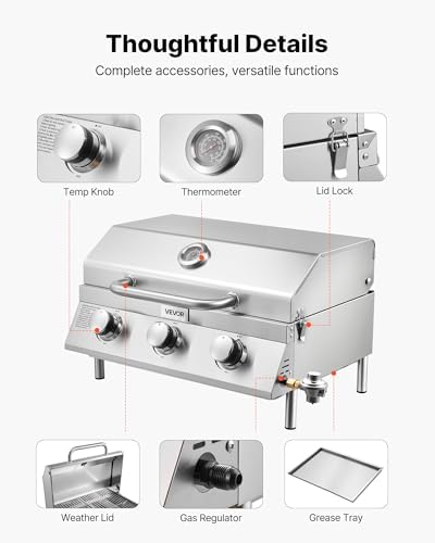 VEVOR Tabletop Gas Grill, 3-Burner Stainless Steel Portable Propane Grill, with Built-in Thermometer, Travel Locks, Weatherproof Lid, 22,500 BTU Total, for Outdoor Cooking, Patio, Party, Camping, RV