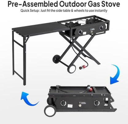 ROVSUN 2 Burner Outdoor Camping Stove with Side Table, Portable Propane Burner, Gas Cooker with Foldable Leg & CSA Regulator for Home Camp Paito Cooking Frying Canning