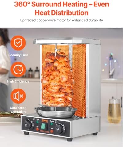 VEVOR Shawarma Grill Machine, 122°F-572°F, 13lbs Capacity, Chicken Shawarma Cooker Machine with 2 Burners, Stainless Steel, Electric Vertical Broiler Gyro Rotisserie Oven for Home and Commercial Use