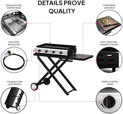 Bonnlo Foldable Flat Top Grill with 4 Burner, Powerful 40,000 BTU Propane Gas Grills with Ignition, Enamel Griddle, Side Shelf & Portable Cart with Wheels for Outdoor Camping Hibachi Grill Use