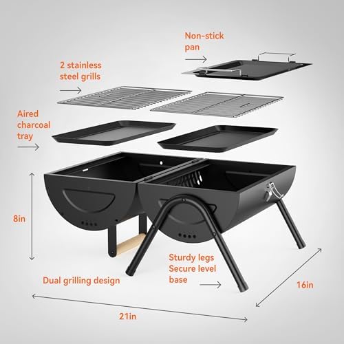 KEYO GRILL Portable Charcoal Grill, 2-in-1 Double-Sided