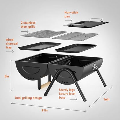 KEYO GRILL Portable Charcoal Grill, 2-in-1 Double-Sided