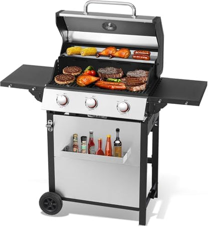 3 Burner Propane Gas Grill, Stainless Steel Cabinet with Side Table & Full-Size Grease Tray, BBQ Grills with Thermometer for Outdoor Cooking, Patio, BBQ