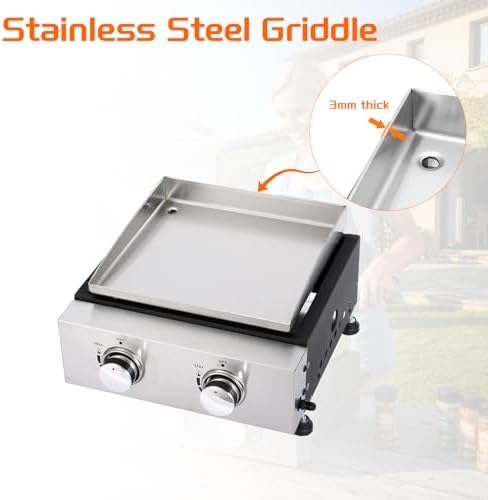 2-Burner Portable Tabletop Gas Griddle Grill with Stainless Steel Cooking Surface - Includes Protective Cover & Regulator, for Camping, Tailgating, Outdoor Cooking