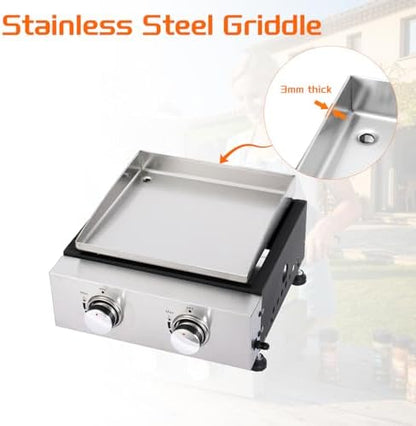 2-Burner Portable Tabletop Gas Griddle Grill with Stainless Steel Cooking Surface - Includes Protective Cover & Regulator, for Camping, Tailgating, Outdoor Cooking