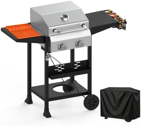 2 Burner Propane Gas Grill, 24000 BTU Portable BBQ with Lid & Wheels