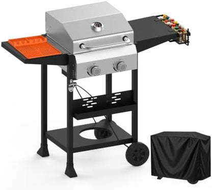2 Burner Propane Gas Grill, 24000 BTU Portable BBQ with Lid & Wheels
