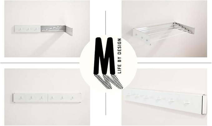 Wall Mounted Laundry Drying Rack, Retractable Clothes Drying Rack, 6 Rods Towel Drying Rack with Wall Template for Installation, Magnetic Dryer Ball Holder with Dryer Balls, White