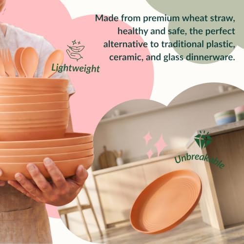 Wheat Straw Dinnerware Sets, Homienly 20pcs Unbreakable Microwave Dishwasher Safe Tableware Lightweight Bowls, Cups, Plates Set Reusable Dinner Plates Bowls set (Orange)