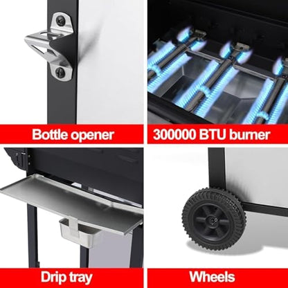 3 Burner Propane Gas Grill, Stainless Steel Cabinet with Side Table & Full-Size Grease Tray, BBQ Grills with Thermometer for Outdoor Cooking, Patio, BBQ