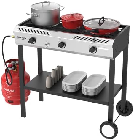 ROVSUN 3 Burner Propane Stove with Auto Ignition, 225,000 BTU Gas Stove with Storage Shelf, Rolling Wheels & Regulator for Home Outdoor Backyard Camping Cooking Frying Brewing Canning