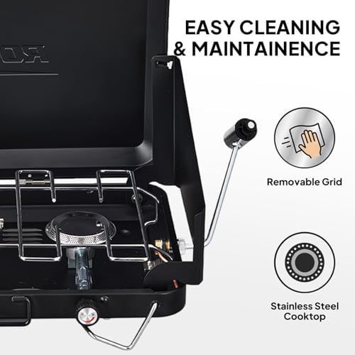 Bonnlo 2 Burner Camping Stove with Adapter, 20000 BTU Portable Propane Gas Stove with Built-in Handle & Foldable Wind Panel, Tabletop Outdoor Stove for Camping Kitchen, Tailgating, Grilling