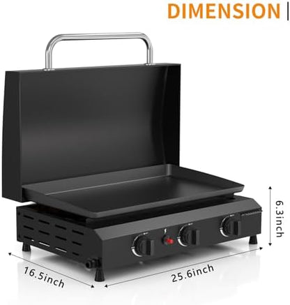 3 Burner BBQ Gas Griddle with Hood, 25.6 Inch Stainless Steel Portable Detachable Propane Griddle, 45,000 BTU Flat Top Barbecue Grill with Lid for Camping