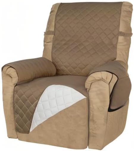 PureFit Reversible Quilted Sofa Cover, Water Resistant Slipcover Furniture Protector, Washable Couch Cover with Non Slip and Elastic Straps for Kids, Dogs, Pets (Small Recliner, Camel/Ivory)