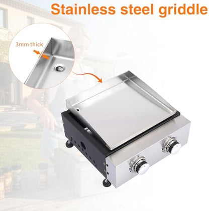 2-Burner Portable Tabletop Gas Griddle with Stainless Steel Griddle, Includes Dust Cover & Regulator, Perfect for Camping & Tailgating