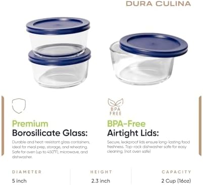 DURA LIVING 6-Piece Glass Food Storage Containers Set (3 Containers + 3 BPA-Free Lids) | 2-Cup, Leakproof | Microwave, Freezer, Oven & Dishwasher Safe | Ideal for Meal Prep & Pantry Organization