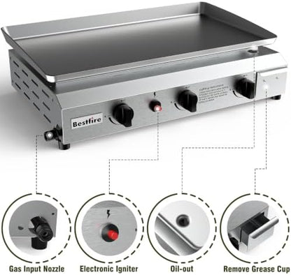 Outdoor Grill Table Cart with Wheels & 3-Burner Propane Gas Griddle Combo, 30,000 BTU Portable Flat Top Grill Station with Storage Shelf, Drip Tray & Accessories for Camping, Backyard BBQ, Tailgating