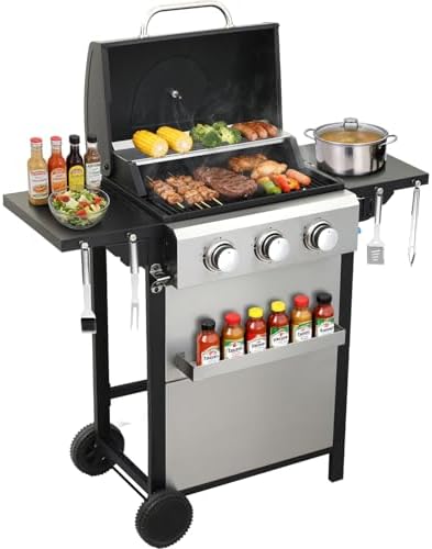3 Burner Propane Gas Grill, 30,000 BTU Stainless Steel Outdoor BBQ Grill with 322 Sq. In. Cooking Area & 2 Foldable Side Shelves, Patio Cookout Essentials for Backyard
