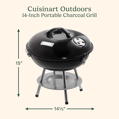 Cuisinart 14" Portable Charcoal Grill, Tabletop Outdoor Small Grill with Locking Lid and Dual Vents, Chrome Plated Travel Size BBQ Perfect for Camping, Tailgates, Cookouts, Black