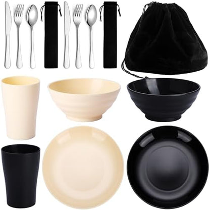 Kyraton Camping Utensils - Travel & Picnic Mess Kit, Silverware Set Includes Knife, Spoon, Fork, Cup, Bowl, Plate - Camping Essentials for 2