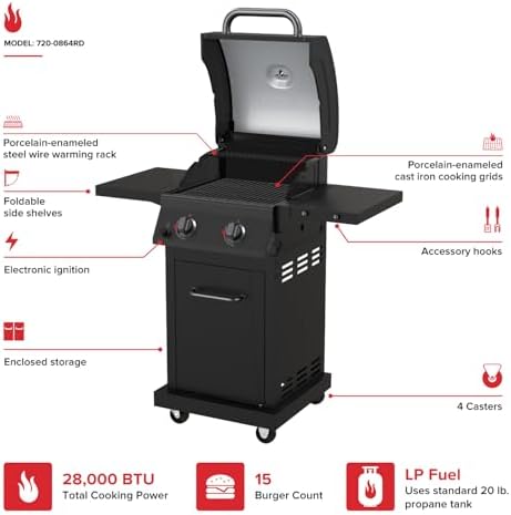 Nexgrill Deluxe 2 Burner Gas Grill, Foldable Shelves with Warming Rack