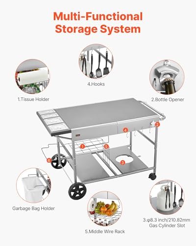 VEVOR Outdoor Grill Cart, Grilling Table, Movable Outdoor Cooking Table with 4 Spice Containers, Wheels, Lids, Hooks, BBQ Prep Tables for Picnic, Kitchen, Courtyard