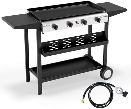 ROVSUN 4 Burner Portable Propane Griddle with Electronic Ignition, 40000 BTU Rolling Flat Top Gas Grill with Nonstick Enameled Tray, Side Shelves & Regulator for Outdoor Cooking Camping BBQ Tailgating