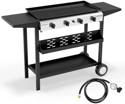ROVSUN 4 Burner Portable Propane Griddle with Electronic Ignition, 40000 BTU Rolling Flat Top Gas Grill with Nonstick Enameled Tray, Side Shelves & Regulator for Outdoor Cooking Camping BBQ Tailgating