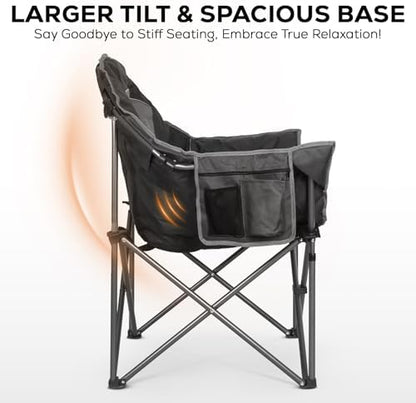 Romswi 2Pcs Oversized XL Padded Camping Chair for Adults, 500lbs Support Heavy-Duty Padded Folding Chair with Side Pocket Cup Holder, Wide&Thick, for Outdoor,Black