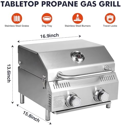 Llamaviva Tabletop Propane Gas Grill, 2 Burner 20,000 BTU Stainless Steel Portable BBQ Grill, Compact Outdoor Grill for Camping, RV, Patio, Tailgating, Picnic, Backyard Cooking