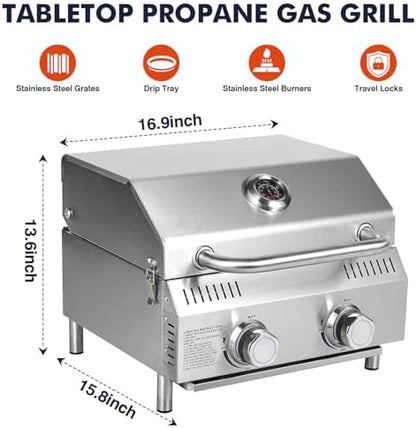 Llamaviva Tabletop Propane Gas Grill, 2 Burner 20,000 BTU Stainless Steel Portable BBQ Grill, Compact Outdoor Grill for Camping, RV, Patio, Tailgating, Picnic, Backyard Cooking