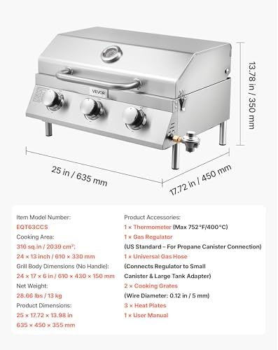VEVOR Tabletop Gas Grill, 3-Burner Stainless Steel Portable Propane Grill, with Built-in Thermometer, Travel Locks, Weatherproof Lid, 22,500 BTU Total, for Outdoor Cooking, Patio, Party, Camping, RV
