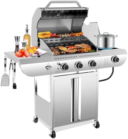 Electactic 3-Burner Propane Gas Grill with Side Burner, 34,000 BTU Stainless Steel BBQ Grill with Enameled Cast Iron Grates, Built-In Thermometer, Barbecue Grill for Outdoor Cooking, Patio, Tailgates