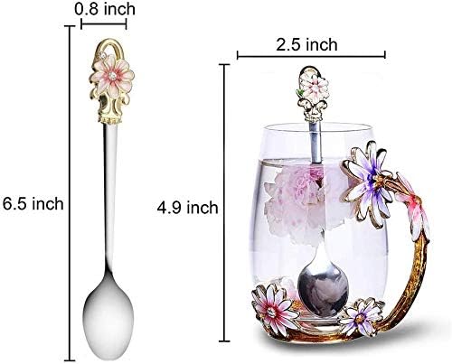 Luka Tech Enamel flower Lead-free Glass Coffee Mugs Tea Cup with Steel Spoon, Best Birthday Gifts For Women Wife Mom Friends Mothers Valentines Day Christmas