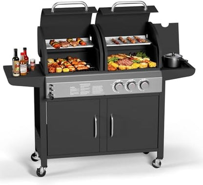 3-Burner Propane Gas Griddle – 24,000 BTU Convertible Flat Top Grill with Hood & Removable Cart – Portable for Camping, Tailgating, Backyard