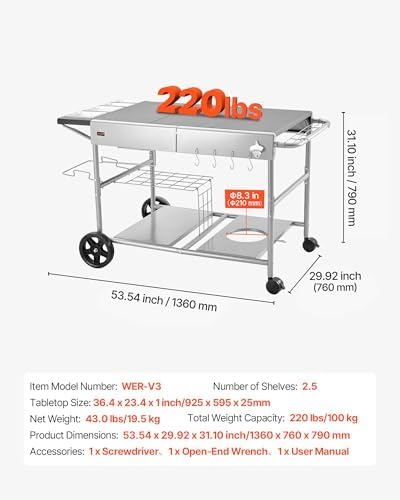 VEVOR Outdoor Grill Cart, Grilling Table, Movable Outdoor Cooking Table with 4 Spice Containers, Wheels, Lids, Hooks, BBQ Prep Tables for Picnic, Kitchen, Courtyard