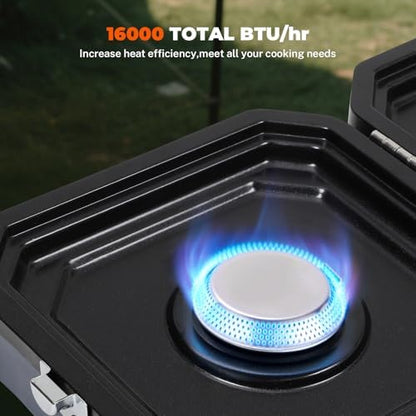 Adjustable 2-Burner Portable Stove with 16000 BTU, with Camping Grill and Carrying Bag, Portable Propane Camp Stove with 2 Burners & Piezo Ignition for Camping, Backyard BBQ,Tailgating (Blue)