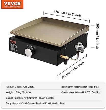 VEVOR Griddle, 16.9" Heavy Duty Manual Flat Top Griddle, Countertop Gas Grill with Non-Stick Cooking Plate, Steel Propane Gas Griddle, 1-Burners Restaurant Portable Grill - 22,000 BTU