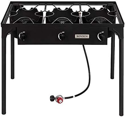 Bonnlo 3 Burner Outdoor Portable Propane Stove Gas Cooker, Heavy Duty Iron Cast Patio Burner with Detachable Stand Legs for Camp Cooking (3-Burner 225,000-BTU)
