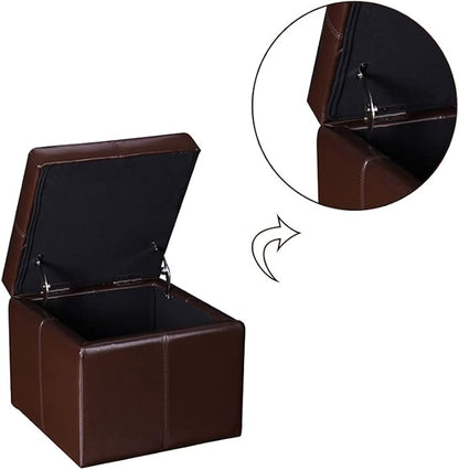 Adeco 17.7" Leather Cube Storage Brown Ottomans for Living Room