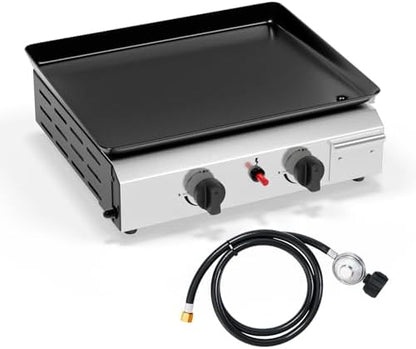 Bonnlo 2 Burner Portable Propane Griddle, 20,000BTU Gas Grill with Enameled Tray, Rolling Flat Top Gas Grill with Electronic Ignition & Regulator for Outdoor Camping Cooking BBQ