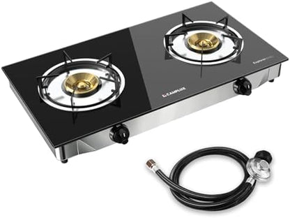 CAMPLUX 2 Burner Propane Stove, LPG Tempered Glass Auto Ignition Double Burner Portable Gas Stove Top, 19,000 BTU Propane Cooktop for Camping, CSA Regulator & Hose Included, estufa de gas portatil