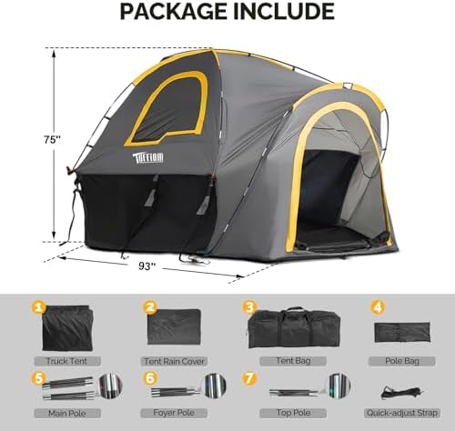 TUFFIOM 5.5-6ft Truck Tent, Pickup Truck Bed Tent with Waterproof PU3000mm and Double Layer for 2 People Camping, Easy Set Up, Portable for Truck Camper, Yellow