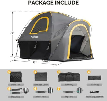 TUFFIOM 5.5-6ft Truck Tent, Pickup Truck Bed Tent with Waterproof PU3000mm and Double Layer for 2 People Camping, Easy Set Up, Portable for Truck Camper, Yellow