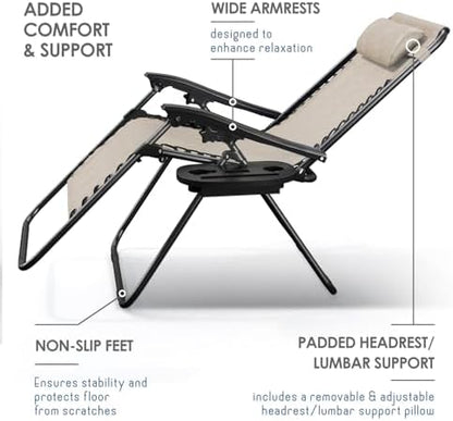 Nestl Zero Gravity Chairs Set of 6, Patio Lounge Chair Outdoor with Pillows & Cup Holder Trays, Adjustable Steel Mesh Reclining Camping Chair, Folding Patio Lawn Chair for Deck, Beach, Yard - Beige