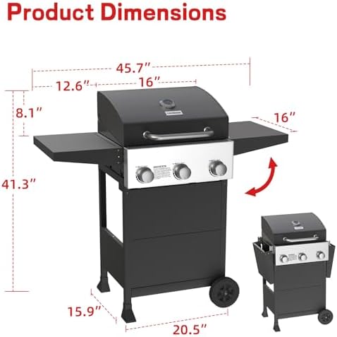 Veralune 3 Burner Gas Grill, Outdoor Propane Grill with Wheels, 445 SQ. IN